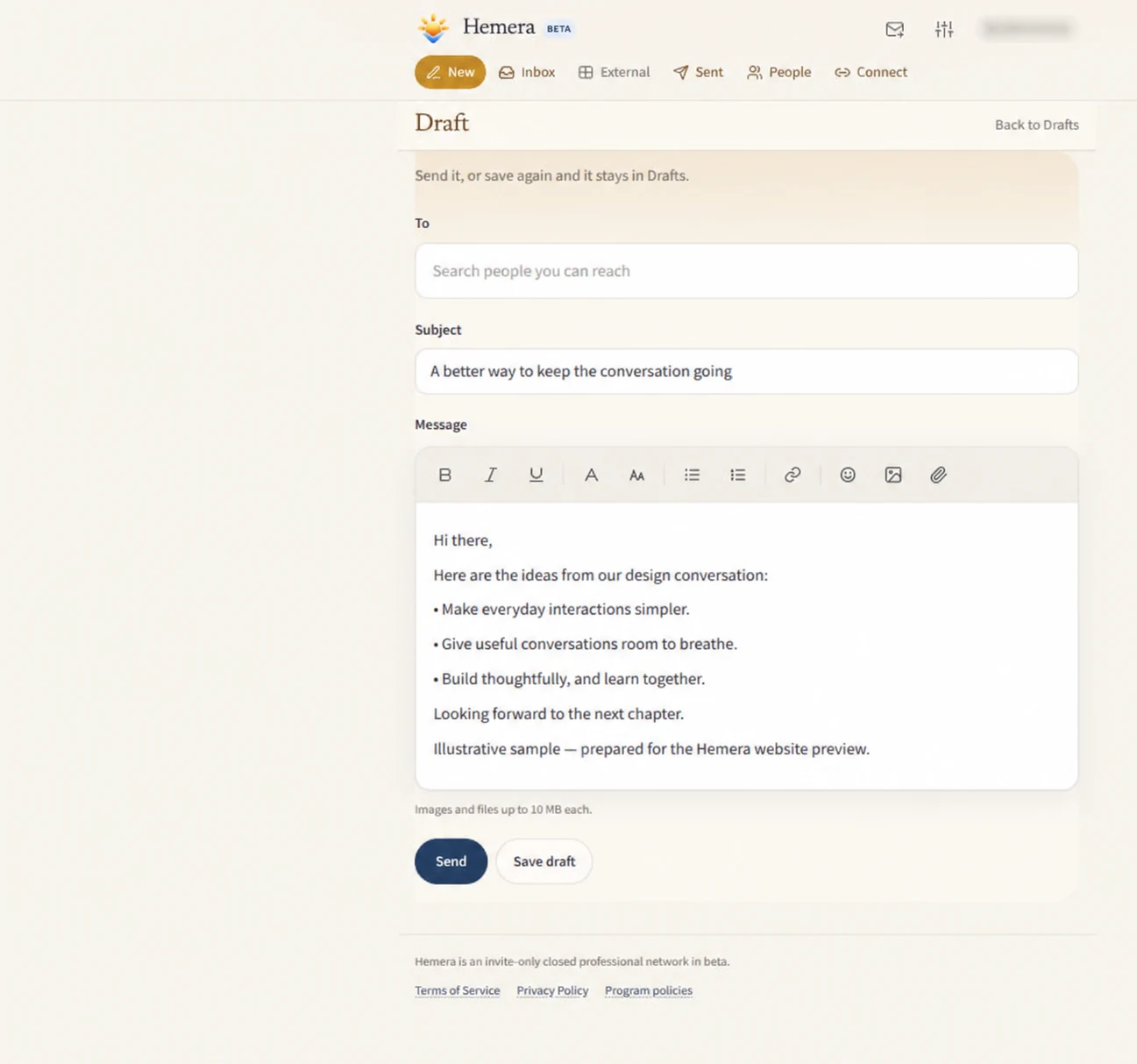 Actual beta draft screen with illustrative message content; account handle blurred