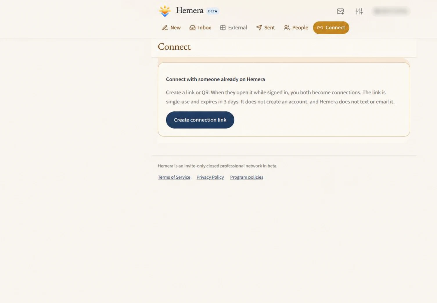 Actual beta Connect screen for connecting with someone already on Hemera; account handle blurred