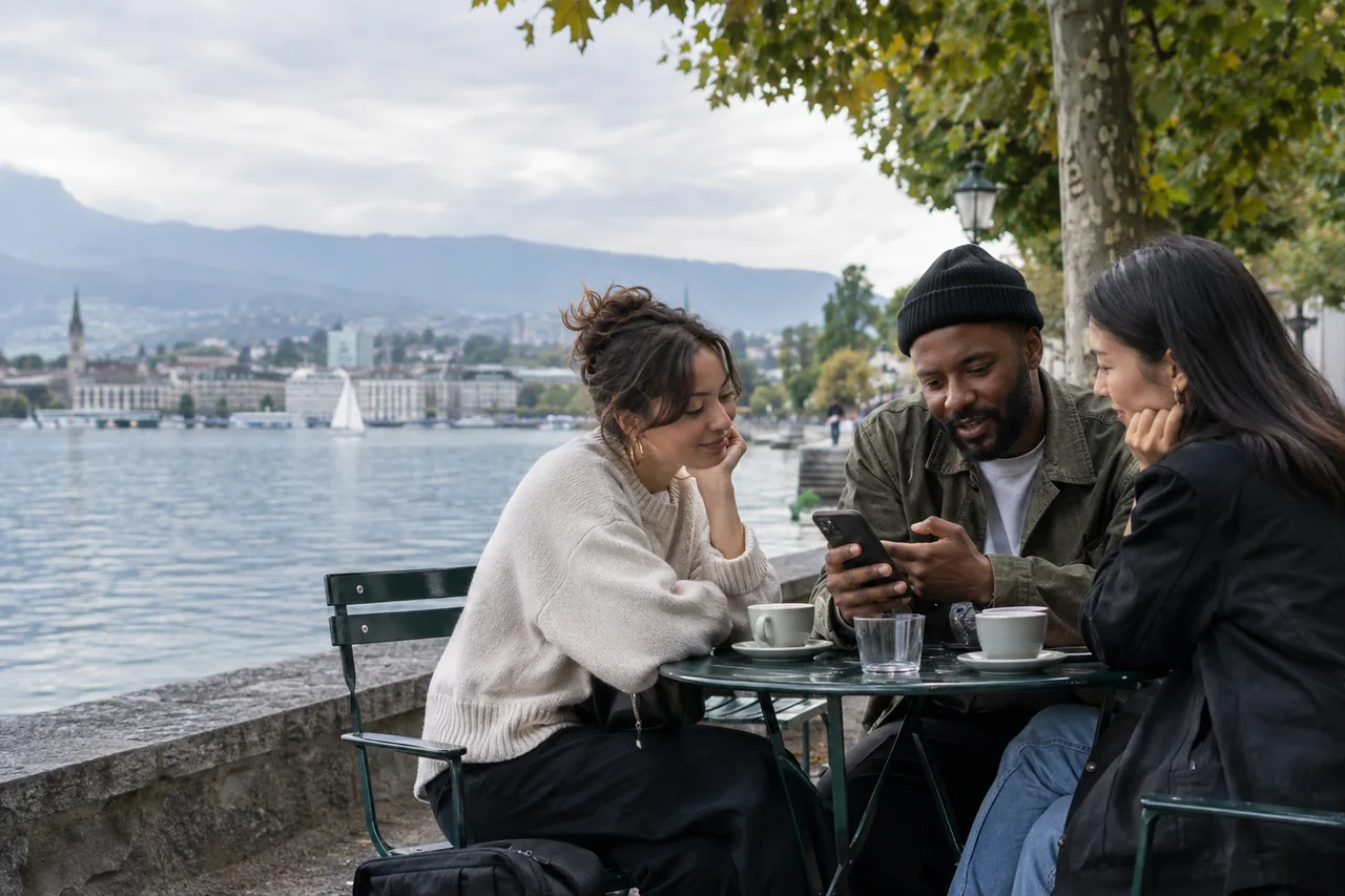 Illustrative AI-generated photograph of friends sharing a conversation beside the water