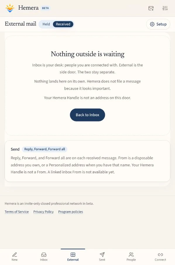 Actual beta screen for the separate legacy-email area, currently labelled External in the app
