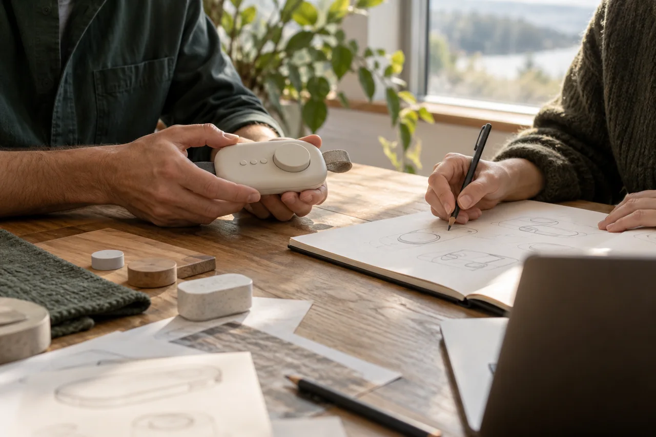 Illustrative AI-generated photograph of hands exploring a physical product idea at a naturally lit worktable