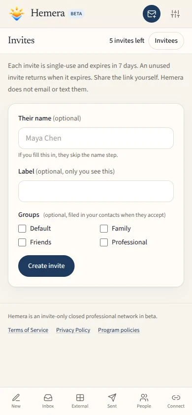 Actual beta Invites screen for inviting a new member to join Hemera